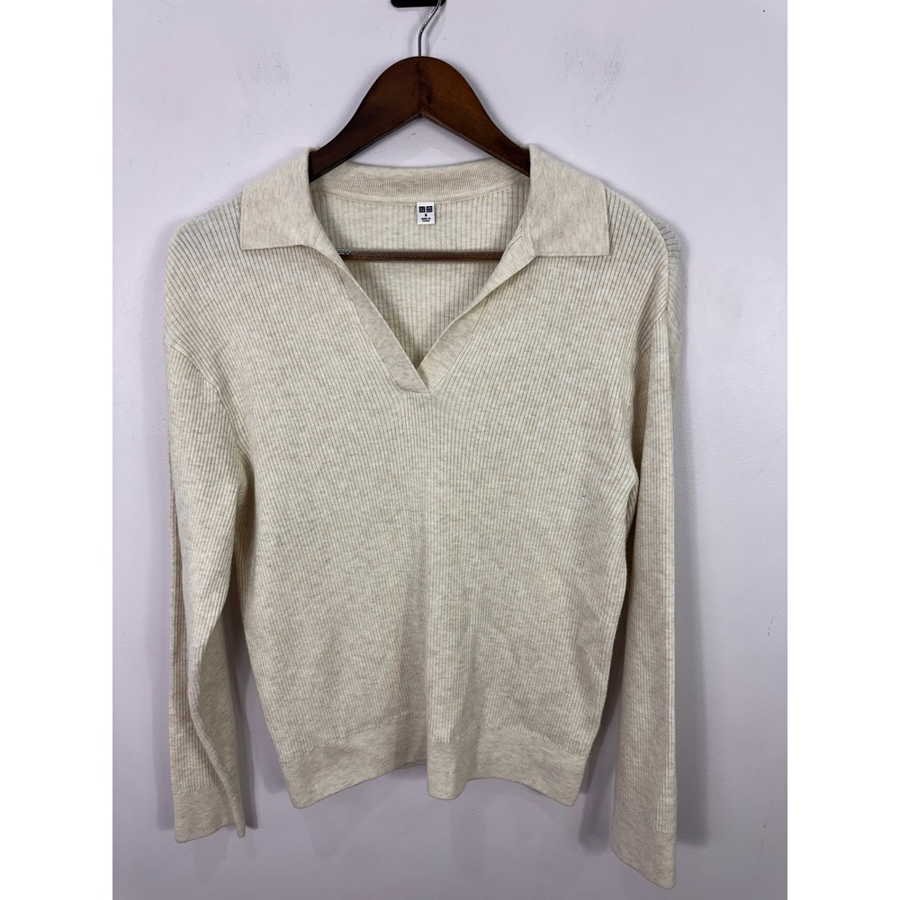 Uniqlo Ribbed Polo Sweater Medium Cream Beige Long Sleeve V-Neck Top Tennis Prep